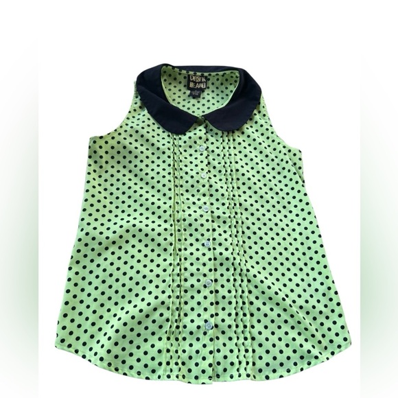 Y2K Derek Heart Women’s Neon Green Black Polka Dot Collared Button Blouse Medium - Picture 2 of 7